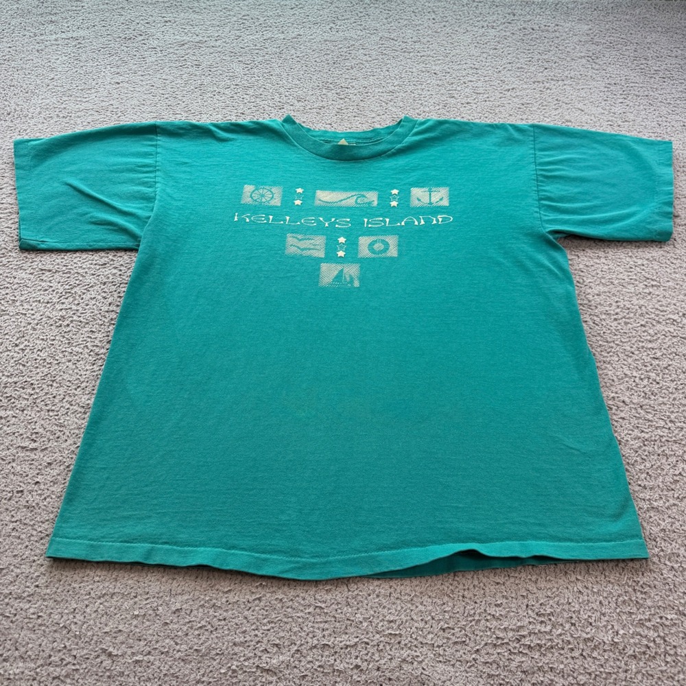 Vintage 90s Prairie Mountain Kelleys Island T Shirt XL Teal Single Stitch USA